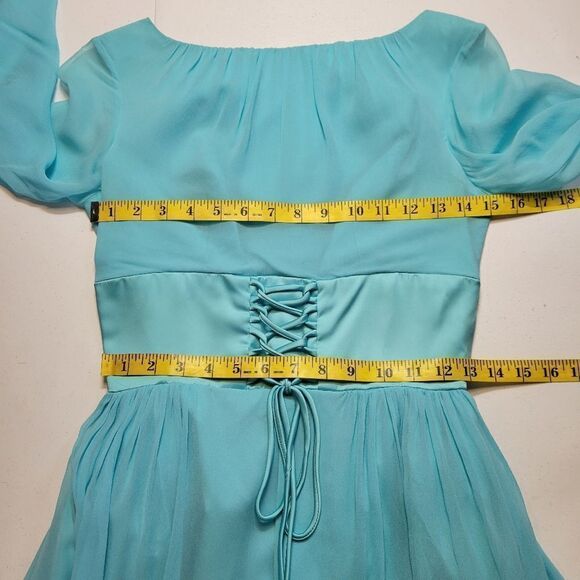 Vintage 60s Bright Blue Fairycore Midi Dress Corset Bodice Long Sleeves Chiffon - Picture 10 of 13